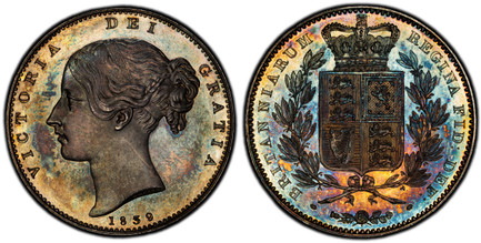 1086241 GREAT BRITAIN. Victoria. (Queen, 1837-1901). 1839 AR Crown. PCGS PR64.  Edge: Plain. VICTORIA DEI GRATIA. Head left / BRITANNIARUM REGIBA FID: DEF:. Crowned arms within branches. KM 741. Proof; SCBC-3882; Dav.-105.

Please use this link to...