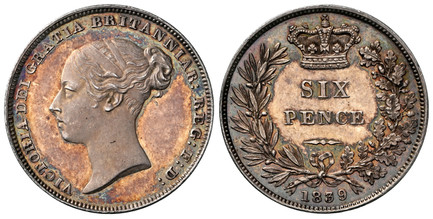 1086264 GREAT BRITAIN. Victoria. (Queen, 1837-1901). 1839 AR Sixpence. NGC PF61Cameo.  Edge: Plain. Head left / Crowned denomination within laurel wreath. KM 733.1; SCBC-3908.

Please use this link to verify the NGC certification number <a href="h...