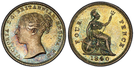 1086015 GREAT BRITAIN. Victoria. (Queen, 1837-1901). 1840 AR Fourpence, Groat. PCGS MS66.  Edge: Reeded. VICTORIA D:G: BRITANNIAR REGINA F:D:. Head left / Britannia seated right. KM 731.1; SCBC-3913; ESC-3326 (Prev. ESC-1934).

Please use this lin...