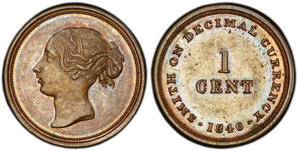 1085861 GREAT BRITAIN. Victoria. (Queen, 1837-1901). 1846 CU Smith's Decimal Pattern Restrike Cent. PCGS PR63BN (Brown).  By Marrian and Gausby. Young bust left / SMITH ON DECIMAL CURRENCY • (date) •. Value at center; date in legend below. X 46. P...