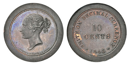 1085862 GREAT BRITAIN. Victoria. (Queen, 1837-1901). 1846 CU Smith's Decimal Pattern Restrike Ten Cents. NGC PR62BN (Brown).  By Marrian and Gausby, Birmingham. Young bust, left; signed below truncation / SMITH ON DECIMAL CURRENCY * (date) *. Valu...