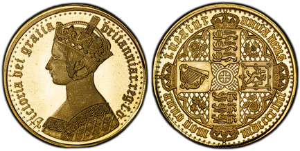1086002 GREAT BRITAIN. Victoria. (Queen, 1837-1901). c. 20th Century (1847)  AV Fantasy "Gothic" Sovereign. PCGS PR69DCAM (Deep Cameo).  Edge: FCP [375] [anchor] [b]. 24mm. 7.21gm. VICTORIA DEI GRATIA BRITANNIAR. REG: F:D. Crowned bust left / TUEA...