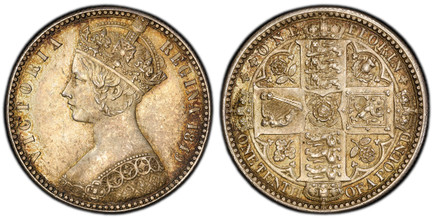 1085352 GREAT BRITAIN. Victoria. (Queen, 1837-1901). 1849 AR Gothic Florin, Two Shillings. PCGS MS63.  VICTORIA REGINA. Crowned bust left / Crowned shields of England, Scotland and Ireland in cross formation with flowers at corners. KM 745; SCBC-3...