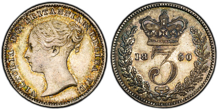 1085839 GREAT BRITAIN. Victoria. (Queen, 1837-1901). 1850 AR Threepence. PCGS MS65.  VICTORIA D:G: BRITANNIAR: REGINA F:D:. Head left / Crowned denomination divides date within wreath. KM 730; SCBC-3914.

Please use this link to verify the PCGS ce...