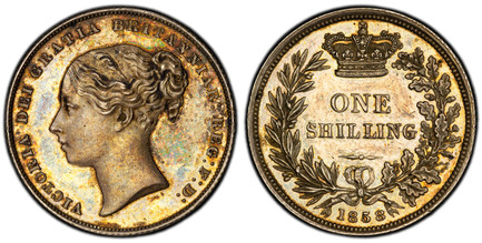 1086154 GREAT BRITAIN. Victoria. (Queen, 1837-1901). 1858 AR Shilling. PCGS Genuine - UNC Details Cleaned.  23.7mm. 5.66gm. VICTORIA DEI GRATIA BRITANNIAR: REG: F: D:. High relief / Crown above denomination within wreath. KM 734.1; SCBC-3904; ESC-...