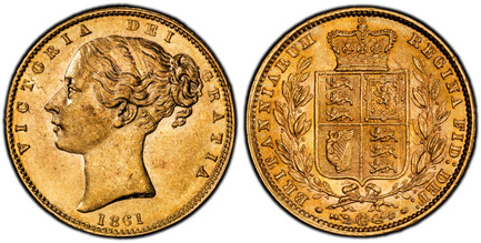 1086054 GREAT BRITAIN. Victoria. (Queen, 1837-1901). 1861 AV Sovereign. PCGS MS62.  VICTORIA DEI GRATIA. Head left / BRITANNIARUM REGINA FID: DEF:. Without die number. KM 736.1; SCBC-3858D.

Please use this link to verify the PCGS certification nu...