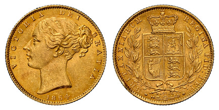 1084751 GREAT BRITAIN. Victoria. (Queen, 1837-1901). 1864 AV Sovereign. NGC MS63.  VICTORIA DEI GRATIA. Head, left; W.W. incuse on truncation / BRITANNIARUM REGINA FID: DEF:. Die number 49 below wreath. KM 736.2; SCBC-3853; Marsh 49; MCE 525; Bent...