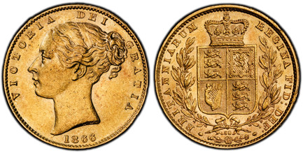 1086055 GREAT BRITAIN. Victoria. (Queen, 1837-1901). 1866 AV Sovereign. PCGS MS61.  VICTORIA DEI GRATIA. Head left / BRITANNIARUM REGINA FID: DEF:. Die number #58 below wreath. KM 736.2; SCBC-3853; Fr.-387i.

Please use this link to verify the PCG...