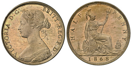 1086598 GREAT BRITAIN. Victoria. 1868 Copper-Nickel Pattern Halfpenny. NGC PR64.  5,70gm. VICTORIA D: G: - BRITT: REG: F: D:. Young draped bust left / HALF - PENNY. Britannia seated right. KM PnQ115; Peck 1794.

Please use this link to verify the ...