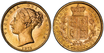 1086056 GREAT BRITAIN. Victoria. (Queen, 1837-1901). 1871 AV Sovereign. PCGS MS63.  VICTORIA DEI GRATIA. Head left / BRITANNIARUM REGINA FID: DEF:. Die number #28 below wreath. KM 736.2; SCBC-3853-B; Fr.-387i.

Please use this link to verify the P...