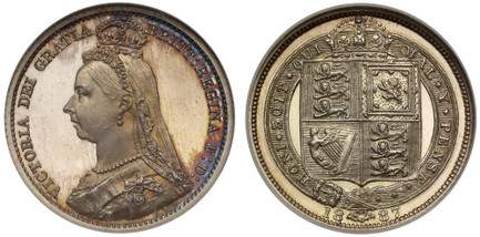 1084658 GREAT BRITAIN. Victoria. (Queen, 1837-1901). 1887 AR Sixpence. NGC PR68 Cameo.  Edge: Plain. VICTORIA DEI GRATIA BRITT: REGINA F: D:. Bust left wearing small crown and veil; initials J.E.B. below truncation / HONI. SOIT. QUI MAL. Y. PENSE....
