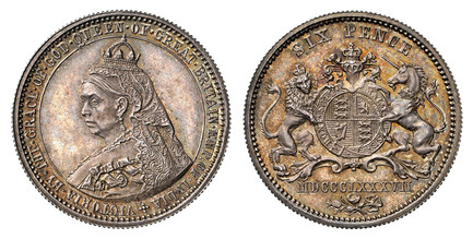 1084661 GREAT BRITAIN. Victoria. (Queen, 1837-1901). MDCCCLXXXVII (1887) AR Pattern Sixpence. NGC PR64.  By Joseph Rochelle Thomas with Spink & Son. Edge: Reeded. 3.03gm. +VICTORIA. BY. THE. GRACE. OF. GOD. QUEEN. OF. GREAT. BRITAIN. EMP: OF. INDI...
