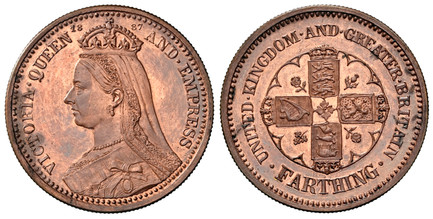 1084667 GREAT BRITAIN. Victoria. (Queen, 1837-1901). 1887 CU Pattern Farthing. NGC PR63RB (Red-Brown).  By Adolph Weyl. Edge: Plain. 3.49gm. VICTORIA QUEEN AND EMPRESS. Crowned veiled bust, left; crown divides date above / UNITED. KINGDOM. AND. GR...