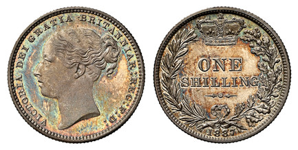 1085665 GREAT BRITAIN. Victoria. (Queen, 1837-1901). 1887 AR Shilling. NGC PR66+.  Edge: Reeded. VICTORIA DEI GRATIA BRITANNIAR: REG: F:D:. Head left / Crown above denomination within wreath. KM 734.4. Proof; SCBC-3907; ESC-3081 (R5)(Prev. ESC-135...