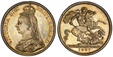 1086011 GREAT BRITAIN. Victoria. (Queen, 1837-1901). 1887 AR Crown. PCGS MS63.  Edge: Reeded. VICTORIA D:G: BRITT: REGINA: F:D:. Bust left wearing small crown and veil / St. George slaying dragon right. KM 765; SCBC-3921; ESC-2585 (Prev. ESC-296);...