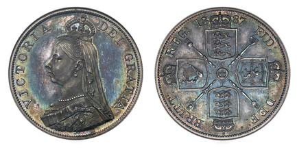 1086266 GREAT BRITAIN. Victoria. (Queen, 1837-1901). 1887 AR Double Florin. NGC PF64.  VICTORIA DEI GRATIA. Coroneted bust left / Sceptres divide crowned arms at corners. KM 763. Arabic 1; SCBC-3923.
Housed in an old NGC holder.

Please use this l...
