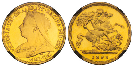 1084754 GREAT BRITAIN. Victoria. (Queen, 1837-1901). 1893 AV Half-Sovereign. NGC PR63+UCAM (Ultra Cameo).  VICTORIA · DEI · GRA · BRITT · REGINA · FID · DEF · IND · IMP ·. Mature draped bust left / St. George slaying the dragon right. KM 784. Proo...