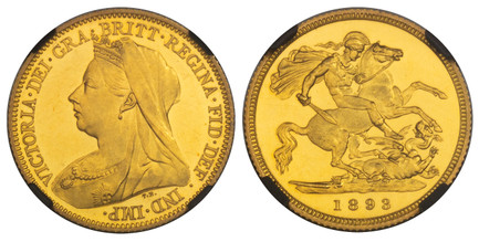 1084763 GREAT BRITAIN. Victoria. (Queen, 1837-1901). 1893 AV Half-Sovereign. NGC PR63+UCAM (Ultra Cameo).  3.98gm. VICTORIA · DEI · GRA · BRITT · REGINA · FID · DEF · IND · IMP ·. Mature draped bust left / St. George slaying the dragon right. KM 7...