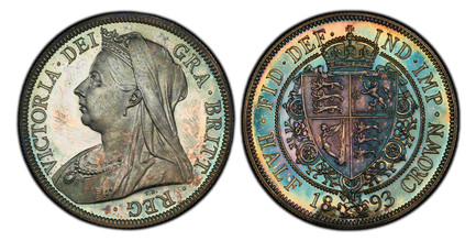 1086697 GREAT BRITAIN. Victoria. (Queen, 1837-1901). 1893 Silver Halfcrown. PCGS PR65.  Edge: Reeded
. VICTORIA • DEI • GRA • BRITT • REG •. Mature draped bust left / FID • DEF • IND • IMP • around top, HALF (date) CROWN below. Crowned shields of ...