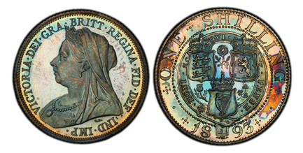 1086699 GREAT BRITAIN. Victoria. 1893 AR Shilling. PCGS PR66.  VICTORIA · DEI · GRA · BRITT · REGINA · FID · DEF · IND · IMP ·. Mature draped bust left / Crowned shields of England, Scotland and Ireland. KM 780; SCBC 3940.

Please use this link to...