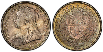 1086020 GREAT BRITAIN. Victoria. (Queen, 1837-1901). 1895 AR Halfcrown. PCGS MS64.  Edge: Reeded. Mature draped bust left / FID · DEF · IND · IMP · around top, HALF date CROWN below. Crowned and quartered spade shield within wreath. KM 782; SCBC-3...
