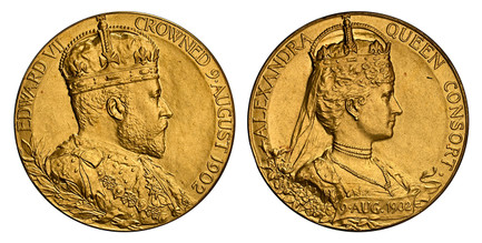 1086232 GREAT BRITAIN. Edward VII. (King, 1901-1910). 1902 AV Medal. NGC MS65.  By G W de Saulles. 31mm. EDWARD VII CROWNED 9. AUGUST 1902. Crowned bust of the King right / ALEXANDRA QUEEN CONSORT. Crowned bust of Alexandra right. BHM 3737; Eimer ...