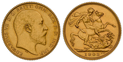 1086702 GREAT BRITAIN. Edward VII. (King, 1901-1910). 1902 AV Sovereign. NGC PR60 Matte.  Head right / St. George slaying the dragon. KM 805; SCBC 3969; Friedberg 400a.

Please use this link to verify the NGC certification number <a href="https://...