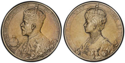 1085999 GREAT BRITAIN. George V. (King, 1910-1936). 1911 AR Coronation Medal. PCGS SP65 Matte.  By Bertram Mackennal. Edge: Plain. 51mm. GEORGE V CROWNED - JUNE 22 1911. Crowned bust, left, orb to left, BM below and laurel branch to right / QUEEN ...