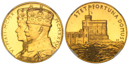 1084781 GREAT BRITAIN. George V. (King, 1910-1936). 1935 AV Medal. NGC PR66 Cameo.  By Percy Metcalf. Royal MInt. Edge: Plain. 32mm. 22.88gm. VI • MAII • MCMX–  MCMXXXV. Conjoined crowned busts of the King and Queen Mary left / STET FORTUNA DOMUS....
