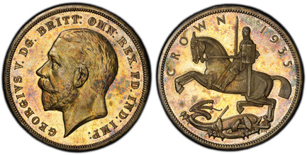 1086013 GREAT BRITAIN. George V. (King, 1910-1936). 1935 AR Crown. PCGS PR65.  Edge: Lettered. Head left / St. George slaying the dragon. KM 842. Proof. Raised edge lettering; SCBC-4050; ESC-378; Dav.-111.

Struck in .925 silver.
Includes original...