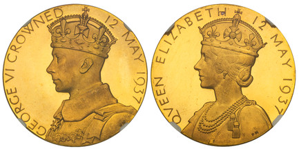 1084782 GREAT BRITAIN. George VI. (King, 1936-1952). 1937 AV Medal of 6.5 Ducats Weight. NGC PR67UCAM (Ultra Cameo).  By Percy Metcalfe for the Royal . Edge: Plain. 32mm. 23.08gm. GEORGE VI CROWNED 12 MAY 1937. Crowned and draped bust left / QVEEN...