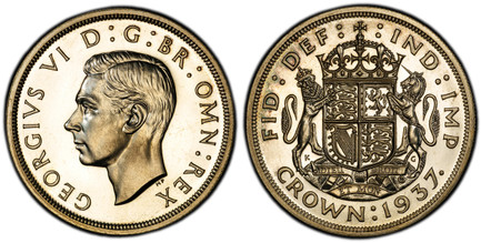 1086014 GREAT BRITAIN. George VI. (King, 1936-1952). 1937 AR Crown. PCGS PR65 Cameo.  Edge: Reeded. Head left / Crowned, quartered shield with supporters. KM 857; SCBC-4079; ESC-392.

Please use this link to verify the PCGS certification number <a...