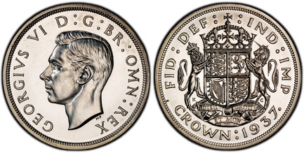 1086867 GREAT BRITAIN. George VI. (King, 1936-1952). 1937 AR Crown. PCGS PR64.  Edge: Reeded. Head left / Crowned, quartered shield with supporters. KM 857; SCBC-4079; ESC-392.

Please use this link to verify the PCGS certification number <a href=...