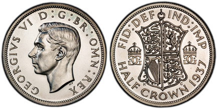1086868 GREAT BRITAIN. George VI. (King, 1936-1952). 1937 AR Halfcrown. PCGS PR63.  Edge: Reeded. Head left / Quartered shield flanked by crowned monograms. KM 856; SCBC-4080.

Please use this link to verify the PCGS certification number <a href="...