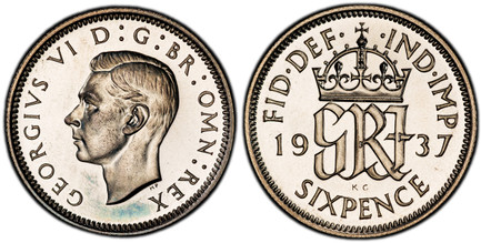 1086872 GREAT BRITAIN. George VI. (King, 1936-1952). 1937 AR Sixpence. PCGS PR65.  Edge: Reeded. Head left / Crowned monogram divides date. KM 852; SCBC-4084.

Please use this link to verify the PCGS certification number <a href="http://www.pcgs.c...