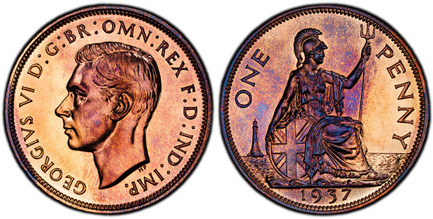 1086875 GREAT BRITAIN. George VI. (King, 1936-1952). 1937 AE Penny. PCGS PR64RB (Red-Brown).  Head left / Britannia seated right. KM 845; SCBC-4114.

Please use this link to verify the PCGS certification number <a href="http://www.pcgs.com/cert/56...