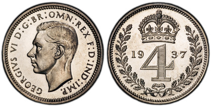 1086878 GREAT BRITAIN. George VI. (King, 1936-1952). 1937 AR Maundy Set. PCGS PR67-PR66.  Head left / Crowned denomination divides date within oak wreath. KM MDS 195; SCBC-4087 through SCBC-4090.

Grades as follows: PCGS PR66 (Maundy Fourpence); P...