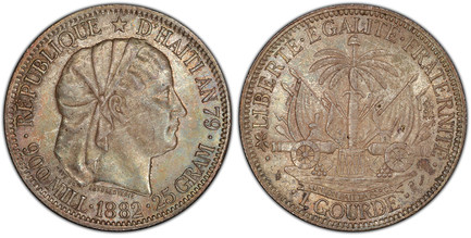 1086219 HAITI. 1882 AR Gourde. PCGS MS63.  Head right wearing bonnet / National arms. KM 46.

Please use this link to verify the PCGS certification number <a href="http://www.pcgs.com/cert/35680189/">35680189</a>