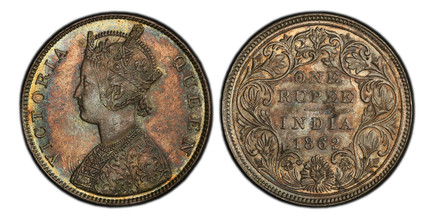 1086740 INDIA-BRITISH. Victoria. (Queen, 1837-1901). 1862-(b) AR Rupee. PCGS MS64.  Bombay Mint. Edge: Reeded. VICTORIA QUEEN. Crowned bust left / Value and date within wreath. KM 473.1. Type A Bust, Type I Reverse, 0/0; S&W-4.57A; Pridmore 58 (0/...
