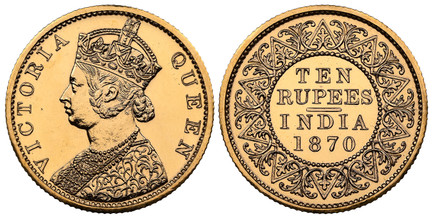 1086580 INDIA-BRITISH. Victoria. (Queen, 1837-1901). 1870-(c) AV Restrike 10 Rupees. NGC PR65.  Calcutta Mint. Edge: Reeded. VICTORIA QUEEN. Crowned bust left / Value and date within beaded circle and wreath. KM 479. Prooflike; Restrike; Pridmore ...