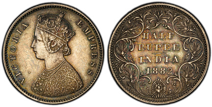 1086004 INDIA-BRITISH. Victoria. 1882-(b) AR 1/2 Rupee. PCGS AU58.  Bombay. VICTORIA EMPRESS. Crowned bust left / Value and date within wreath. KM 491; SW 6.186.

Please use this link to verify the PCGS certification number <a href="http://www.pcg...