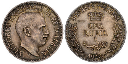 1074150 ITALIAN SOMALILAND. Vittorio Emanuele III. (Emperor, 1900-1946). 1910-R AR Prova or Pattern Rupia. NGC MS64.  Rome. Head right / Crown above value and date flanked by sprigs. KM Pr8 (cf. KM 6); Pagani 393 (R2); Gigante P1.

Please use this...