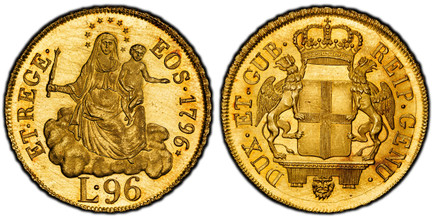 1086057 ITALIAN STATES. Genoa. 1796✭ (1814) AV 96 Lire. PCGS MS65✭.  33.75mm. 25.21gm. DUX · ET · GUB REIP · GENU ·. Crowned arms with supporters on mantle above lion head / ET · REGE ·  EOS ·. Madonna and child above value. KM 251; Fr.-444.

The ...