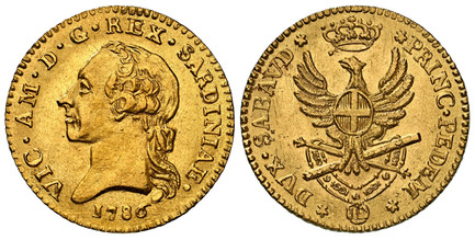 1086581 ITALIAN STATES. Sardinia. Vittorio Amedeo III. 1786 AV Doppia. NGC MS64.  Torino. VIC · AM · D · G · REX · SARDINIAE ·. Head to left, date below / DVX · SABAVD ·  - PRINC · PEDEM ·. Displayed eagle, with oval shield of Savoy arms on breast...