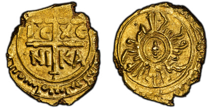 1083556 ITALIAN STATES. Sicily. Tancred. (King, 1190-1194). (1190-1194) ND AV 2 Tari. PCGS MS61.  Palermo. 2.24gm. (King Tancred, the sublime). Three small globes aligned within a linear circle; Kufic legend around / IC – XC// NI – KA. Patriarchal...