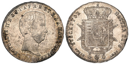 1086281 ITALIAN STATES. Tuscany. Leopold II. 1856 AR Quattro (4) Fiorini. NGC MS62.  LEOPOLDVS II.D.G... Head right / SVSCEPTOR... Crowned shield with spikes. C 75b.

Please use this link to verify the NGC certification number <a href="https://www...