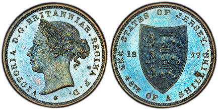1085876 JERSEY. Victoria. (Queen, 1837-1901). 1877 AE 1/48 Shilling. PCGS PR65BN (Brown).  VICTORIA D.G. BRITANNIAR... Crowned head left, star below / STATES OF JERSEY... Pointed shield divides date. KM 6; SCBC-7008.

Very rare Royal Mint proof wi...