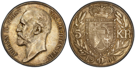 1085692 LIECHTENSTEIN. Prince John II. 1900 AR 5 Kronen. PCGS MS62.  Vienna. 23.95gm. JOHANN II. FURST... Head left / Crowned shield within wreath divides value above date. Y 4; Dav.-216.

From a reported mintage of 5,000.

Please use this link to...