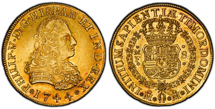 1085489 MEXICO. Philip V. 1744-Mo MF AV 8 Escudos. PCGS AU55.  Mexico City. 27.03gm. PHILIP · V · D · G · HISPAN · ET  IND · REX. Large, armored bust right / INITIUM SAPIENTIAE TIMOR DOMINI. Crowned shield flanked by M F 8 in order chain. KM 148; ...