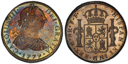 1086583 MEXICO. Charles III. 1779-Mo FF AR 8 Reales. PCGS MS62.  Mexico City mint. CAROLUS · III · DEI · GRATIA ·. Armored bust of Charles III, right / · HISPAN · ET IND · REX · ... Crowned shield flanked by pillars with banner, normal initials an...